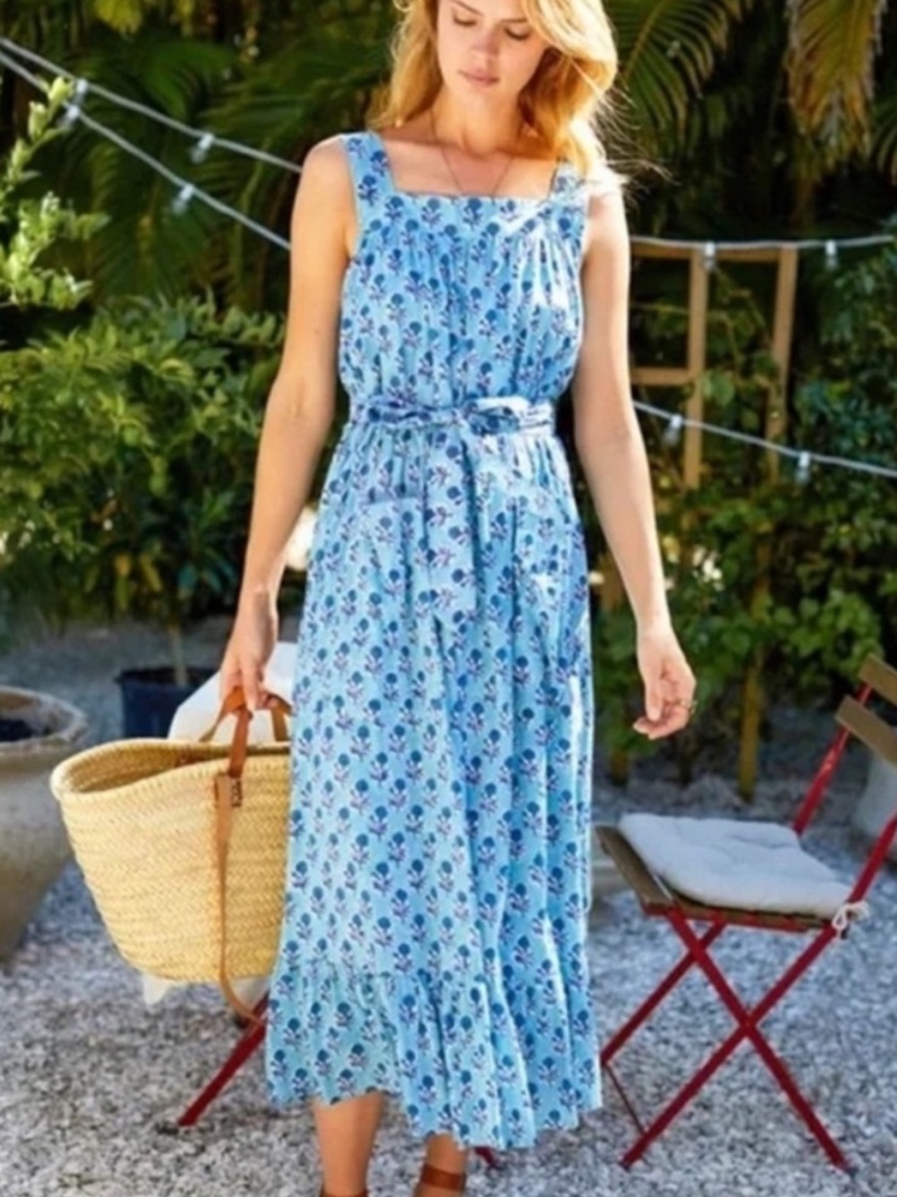 Emerson Fry XS/Small Mia Market Dress Blue Marigolds Organic Cotton Tie Belt